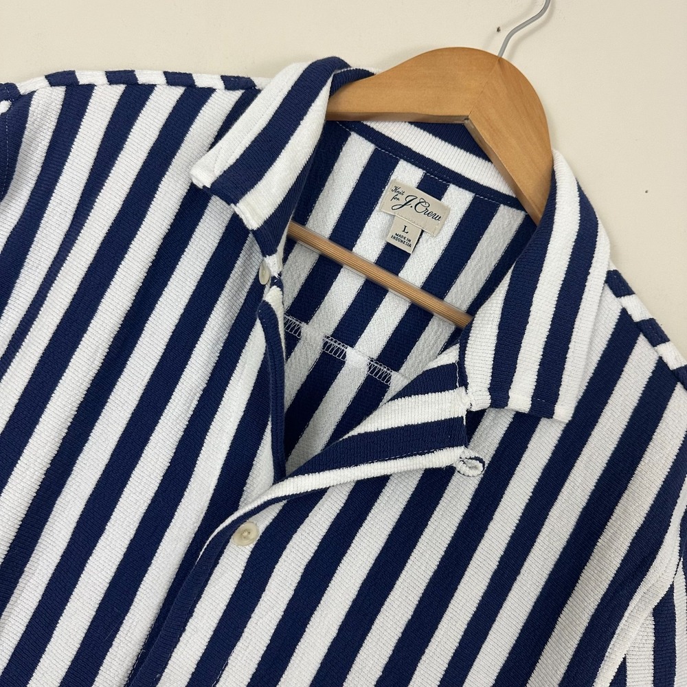 J.Crew Shirt White Blue Striped Knitted Short Sleeve Camp Loop Button Up Men L
